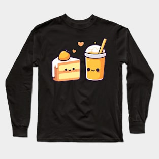 Cute Kawaii Mango Milkshake and Mango Cake with Hearts | Kawaii Food Design Long Sleeve T-Shirt